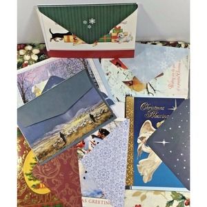 Set 12 Christmas Holiday Greeting Cards & Envelopes Snowman Bullfinch Cat Moon